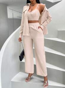 SHEIN Slayr Solid Button Front Shirt & Crop Cami Top & Pants - Apricot - View 8