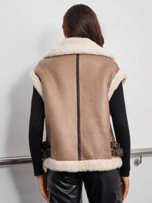 GENKIRA Dây kéo Lót Teddy Áo khoác vest - Màu Khaki - Xem 2
