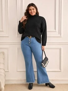 SHEIN Frenchy 大碼高領落肩袖套頭毛衣 - 黑色 - 查看 4