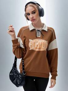 SHEIN Unity 字母图案撞色滚边落肩套头卫衣，秋季卫衣 - 棕色 - 查看 6