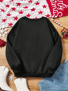 SHEIN Essnce Christmas Print Drop Shoulder Sweatshirt - Black - View 2