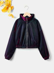 SHEIN Tween Girl Drop Shoulder Teddy Lined Zip Up Hooded Jacket - Navy Blue - View 3