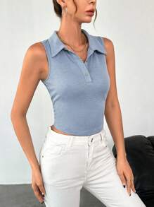 SHEIN Essnce Polo Neck Crop Tank Top - Blue - View 4
