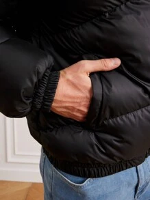 RueChic Men Slant Pockets Puffer Coat - Black - View 8