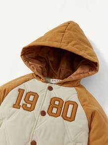 Baby Boy Letter Graphic Raglan Sleeve Colorblock Hooded Padded Coat - Brown - View 5