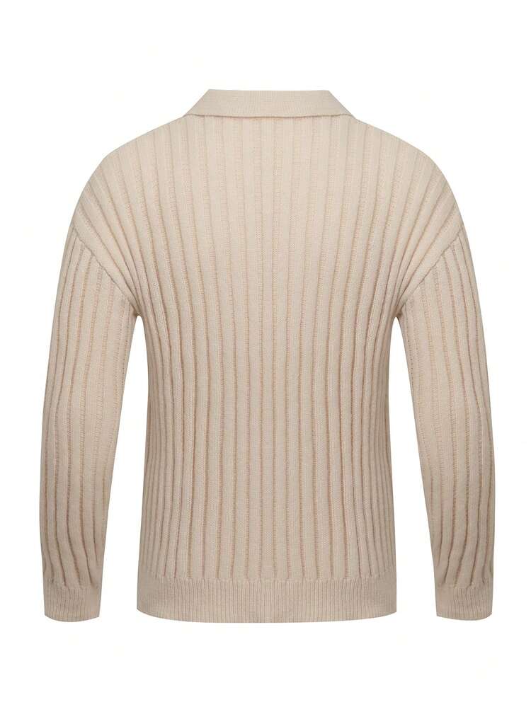 Men Polo Neck Drop Shoulder Ribbed Knit Sweater