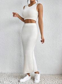 SHEIN Privé Chất rắn Crop Tank Top & Váy dệt kim - Màu be - Xem 5