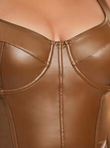 SHEIN BAE Plus Seam Front PU Leather Wide Strap Top - Brown - View 5