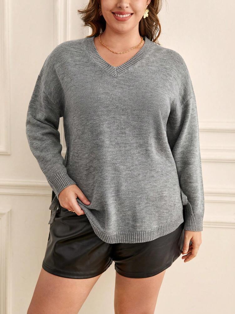 Plus Drop Shoulder Split Hem Sweater