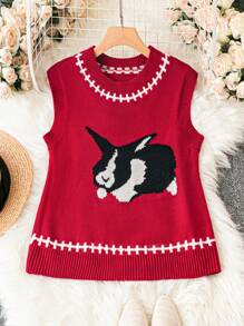 SHEIN Unity 大碼兔子圖案毛衣背心 - 酒紅色 - 查看 1