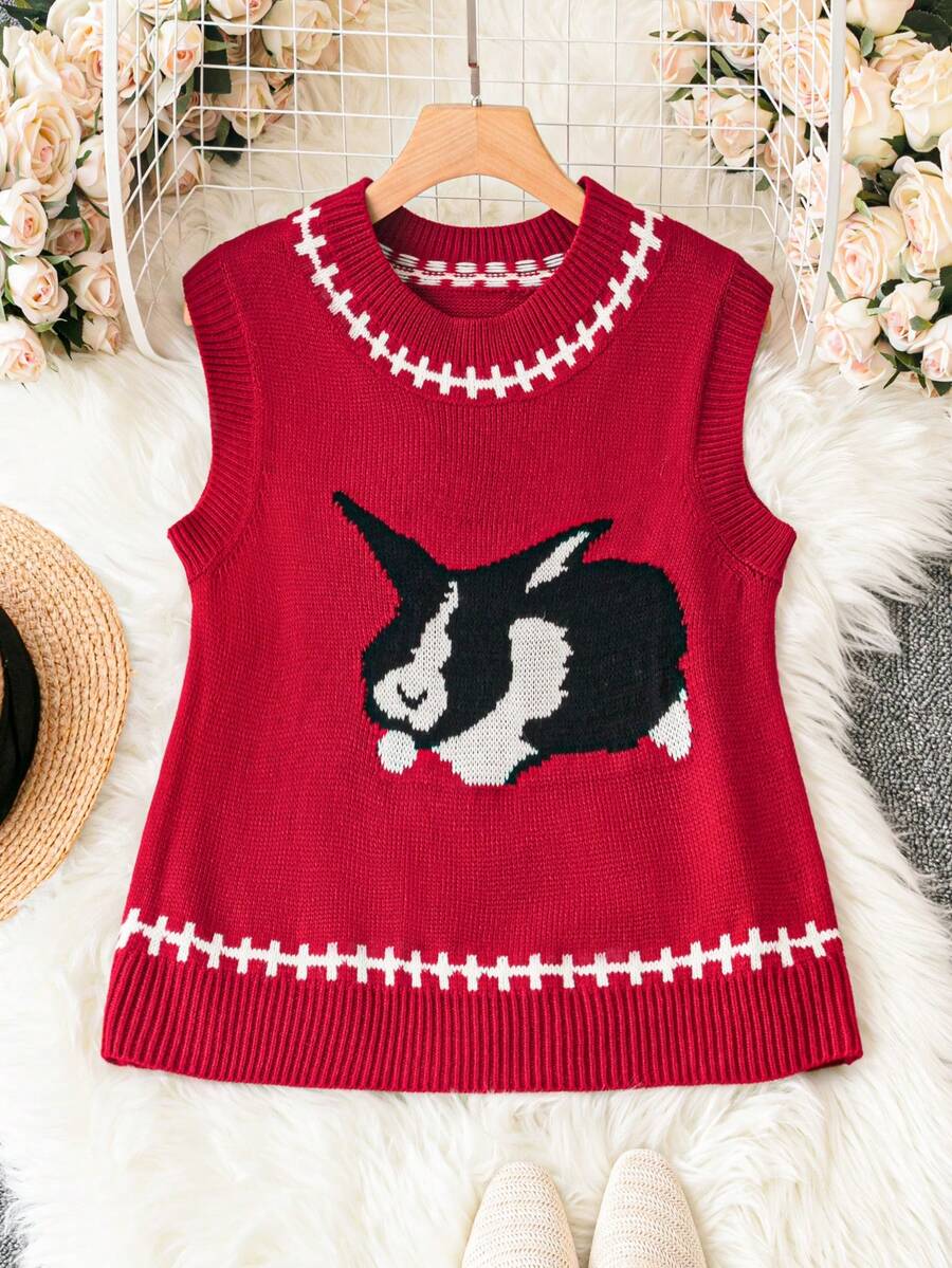 SHEIN Unity 大碼兔子圖案毛衣背心 - 酒紅色 - 查看 1