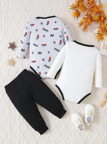 男嬰字母圖案撞色滾邊連體衣和愛心圖案連體衣和運動褲 - 彩色 - 查看 2
