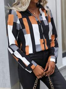 SHEIN Clasi Áo sơ mi Geo Print Button Front, Áo dài tay - Nhiều màu - Xem 5