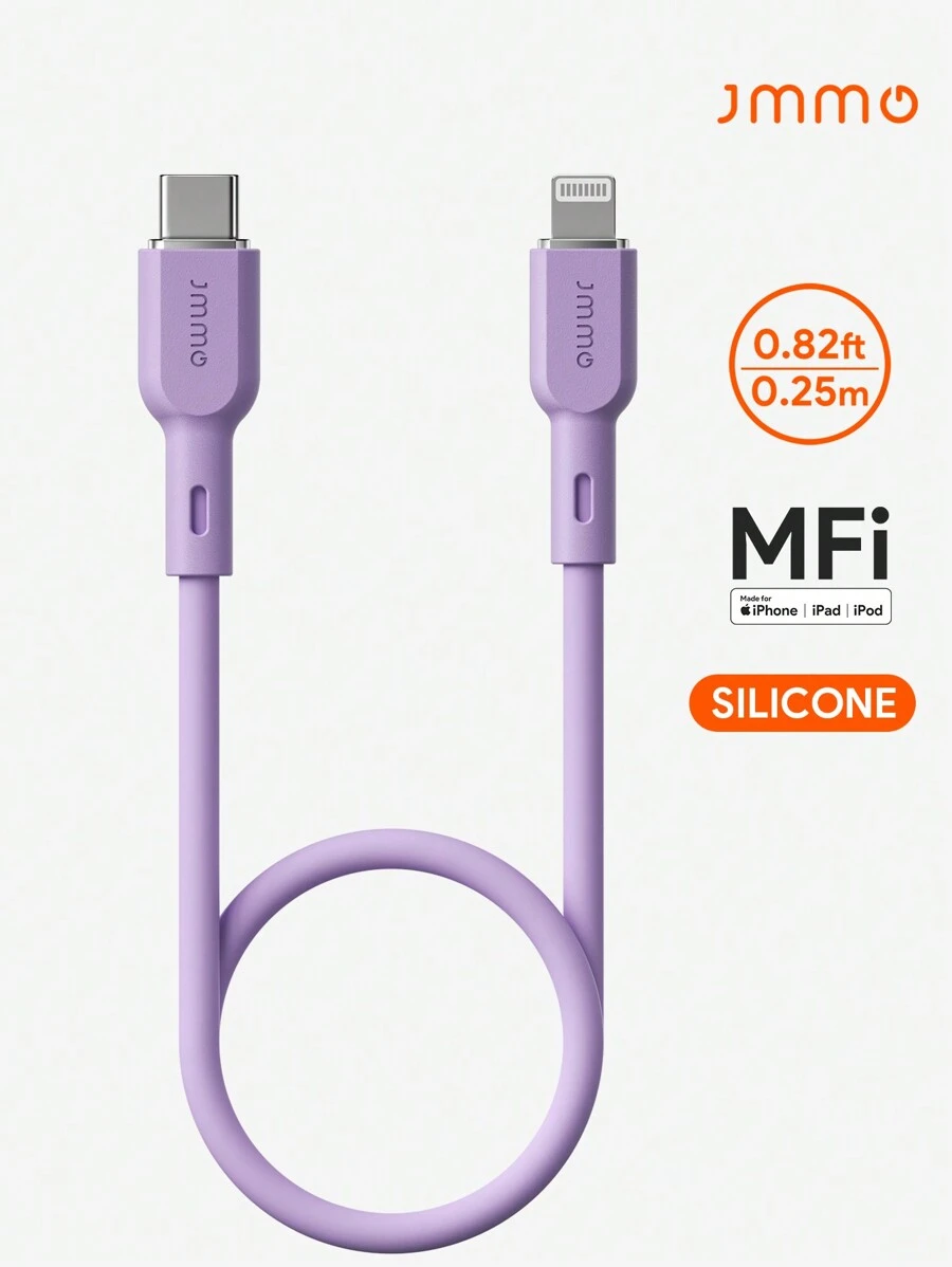 JMMO iPhone 数据线，硅胶 USB-C 转闪电数据线，Type-C 充电器数据线，兼容 iPhone 0.82FT/0.25M 18W [Apple MFi 认证] 圣诞礼物，秋冬必备品 - 紫色 - 查看 1