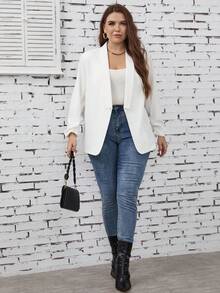 SHEIN LUNE 大碼素色抽褶袖西裝外套 - 白色 - 查看 5