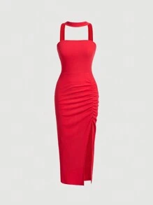SHEIN MOD Vestido halter unicolor fruncido de muslo con abertura - Rojo - Ver 1