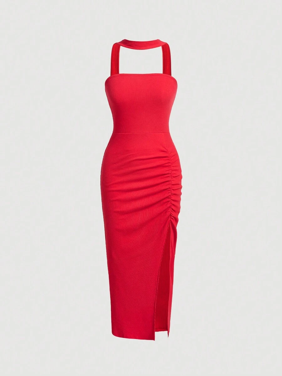 SHEIN MOD Vestido halter unicolor fruncido de muslo con abertura - Rojo - Ver 1