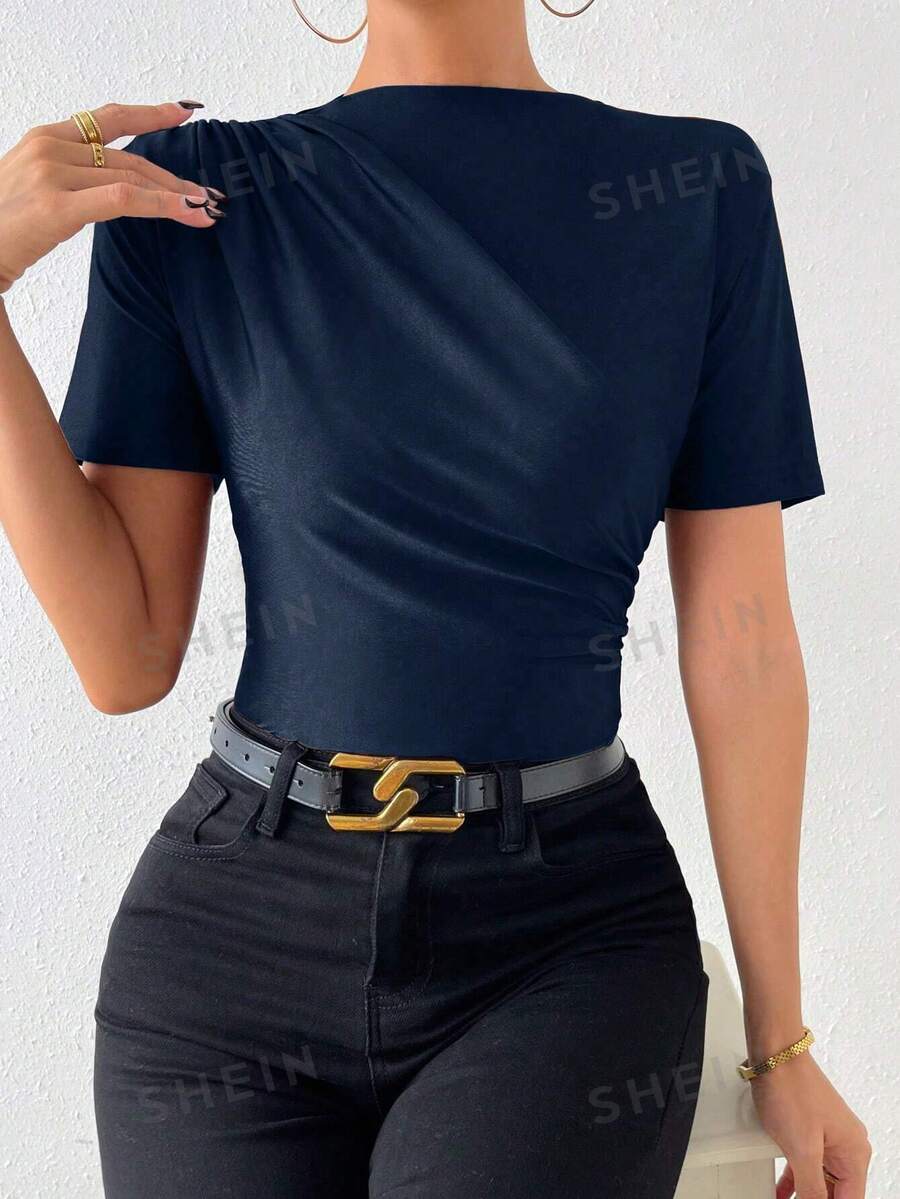 Allurite Tricou cu umăr ruches - Albastru marin - Vizualizare 1