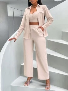 SHEIN Slayr Solid Button Front Shirt & Crop Cami Top & Pants - Apricot - View 5