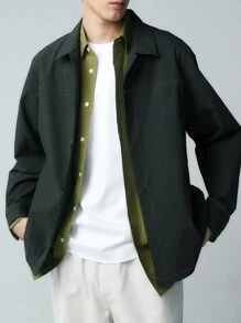 Manfinity Hypemode Loose Fit Men's Solid Color Button Front Jacket - Green - View 1
