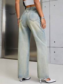 SHEIN EZwear 中腰直筒牛仔褲 - 淺色水洗藍 - 查看 2