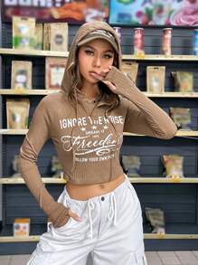 SHEIN EZwear Đồ họa Khẩu hiệu Tay Raglan Dây rút Hoodie - màu nâu - Xem 6