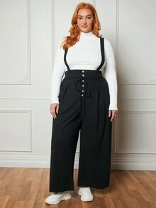SHEIN CURVE+ Plus Button Front Belted Overall Jumpsuit Without Tee - Black - View 4
