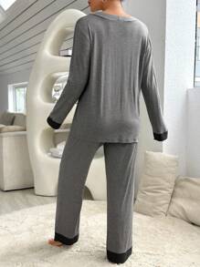 Panda Print Contrast Trim Button Front Top & Pants Lounge Set Outfit, Fall Winter Clothes - Grey - View 6