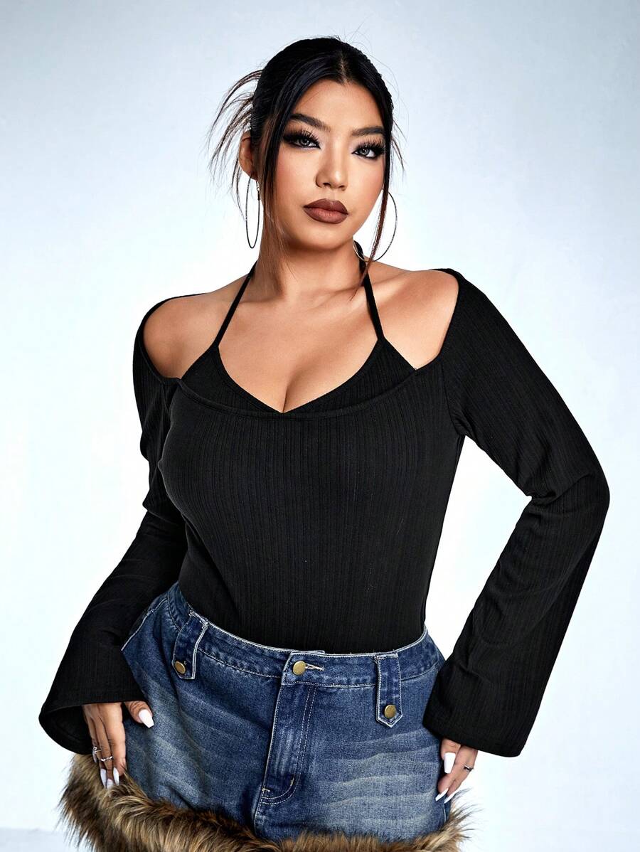 SHEIN ICON Plus Tie Back Halter Neck Tee - Black - View 1