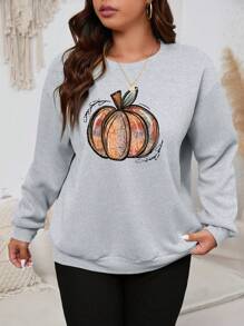 SHEIN EZwear Plus Pumpkin Print Drop Shoulder Sweatshirt - Grey - View 6