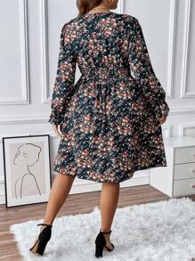 Flirla Plus Ditsy Floral Print Flare Sleeve Dress