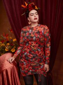 Frida Kahlo X SHEIN 大碼印花抽繩前收褶緊身洋裝 - 彩色 - 查看 5