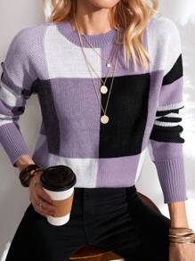 EMERY ROSE Cut And Sew Drop Shoulder Sweater,Long Sleeve Tops Knit Pullover Fall Winter Sweater - Mauve Purple - View 1