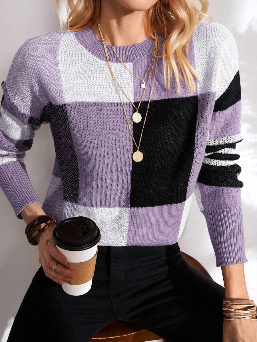 EMERY ROSE Cut And Sew Drop Shoulder Sweater,Long Sleeve Tops Knit Pullover Fall Winter Sweater - Mauve Purple - View 1