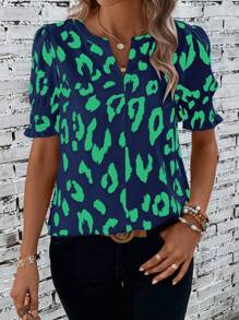 SHEIN LUNE 豹紋印花缺口領泡泡袖襯衫 - 彩色 - 查看 4