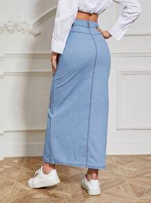 SHEIN Essnce 前紐扣牛仔半身裙 - 淺色水洗藍 - 查看 2