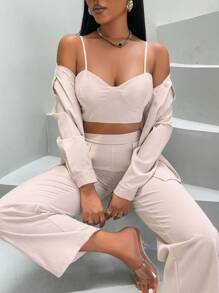 SHEIN Slayr Solid Button Front Shirt & Crop Cami Top & Pants - Apricot - View 3