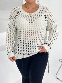 Calvaya 镂空插肩袖针织套头衫（不含胸罩）秋冬毛衣 - 米色 - 查看 3