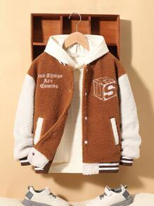 SHEIN Tween Boy Letter Embroidery Striped Trim Drop Shoulder Teddy Jacket Without Hoodie - Multicolor - View 6