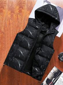 Manfinity Hypemode 男士单件图案印花拉链连帽背心棉服外套纯色外出休闲图案绗缝夹克 - 黑色 - 查看 1