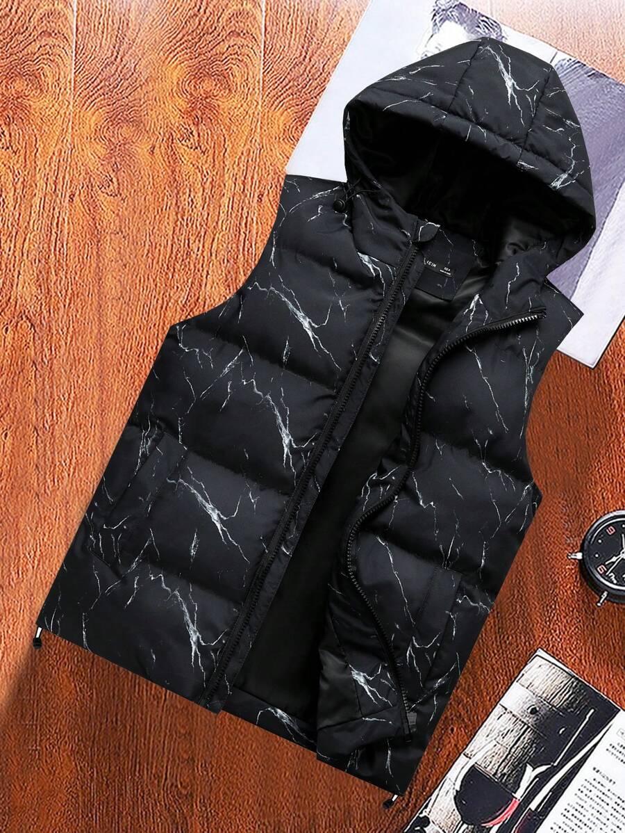 Manfinity Hypemode 男士单件图案印花拉链连帽背心棉服外套纯色外出休闲图案绗缝夹克 - 黑色 - 查看 1