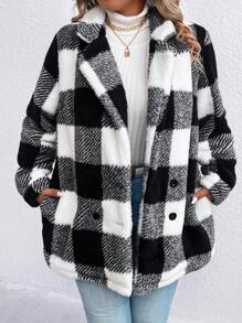 SHEIN LUNE Plus Buffalo Plaid Pattern Double Breasted Teddy Coat, For Winter - Black - View 1