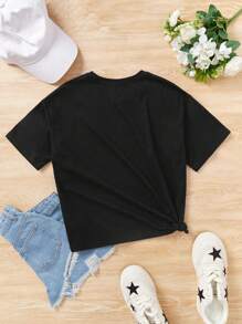 青少女休閒卡通短袖t恤,適合夏季穿著 - 黑色 - 查看 2
