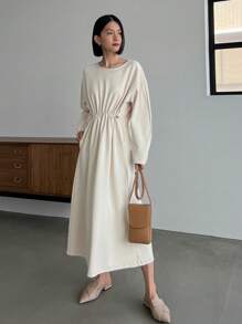 FRIFUL Vestido de línea A con hombros caídos y cordón en la cintura, vestido de otoño - Beis - Ver 6