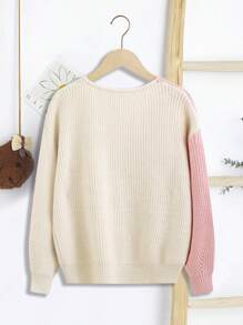 SHEIN Tween Girl Two Tone Drop Shoulder Open Knit Detail Cardigan - Pink - View 2