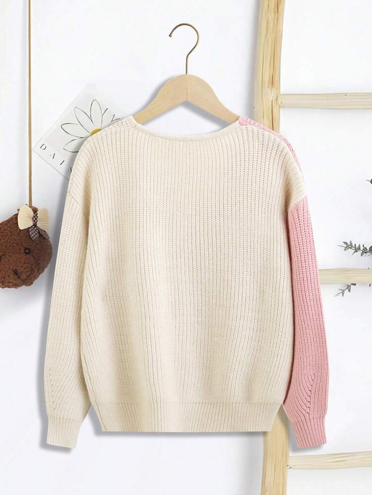 Tween Girl Two Tone Drop Shoulder Open Knit Detail Cardigan