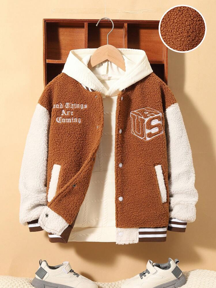 Tween Boy Letter Embroidery Striped Trim Drop Shoulder Teddy Jacket Without Hoodie