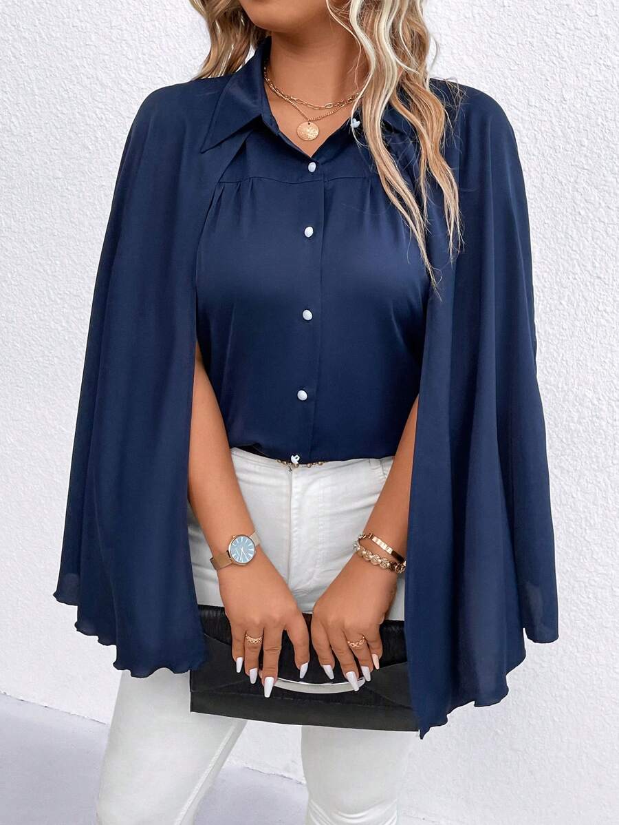 SHEIN Clasi Hơn Chất rắn áo tay cánh Nút phía trước Áo sơ mi - Màu xanh lam - Xem 1
