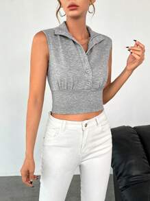 SHEIN Essnce Half Button Crop Tank Top - Grey - View 5