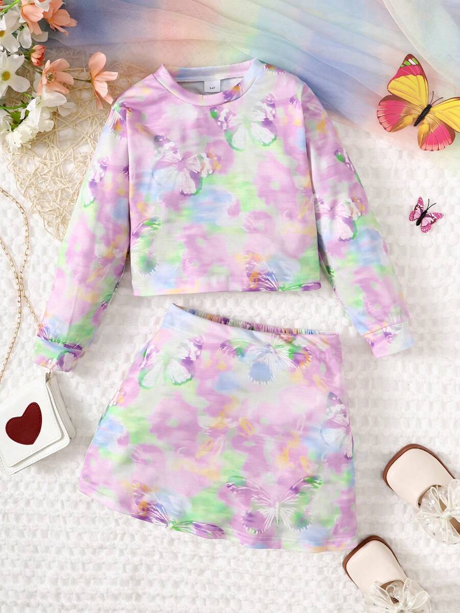 女小童紮染印花T恤和裙子 - 紫色 - 查看 1